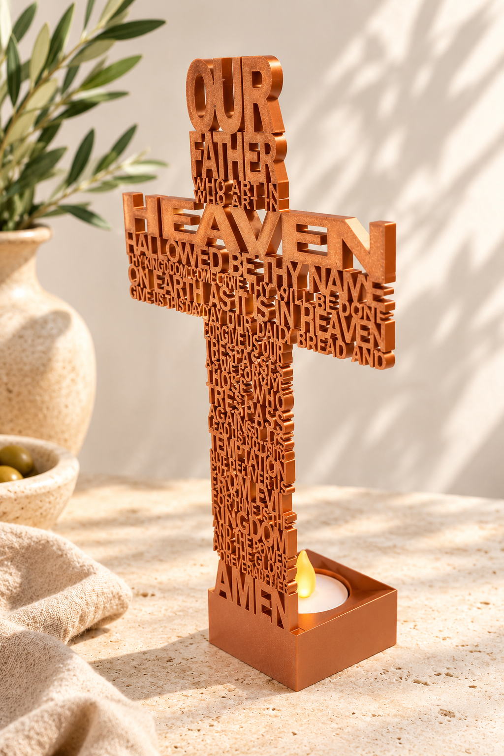 Our Father Prayer Tealight Cross
